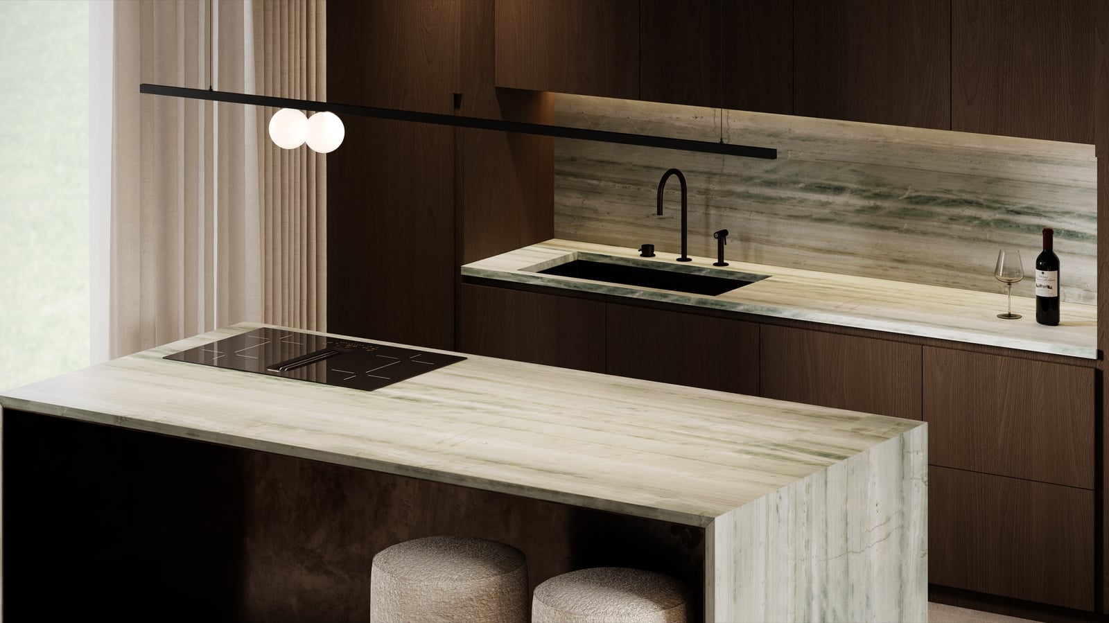 Cucina con isola e rivestimento in marmo — render d’interni