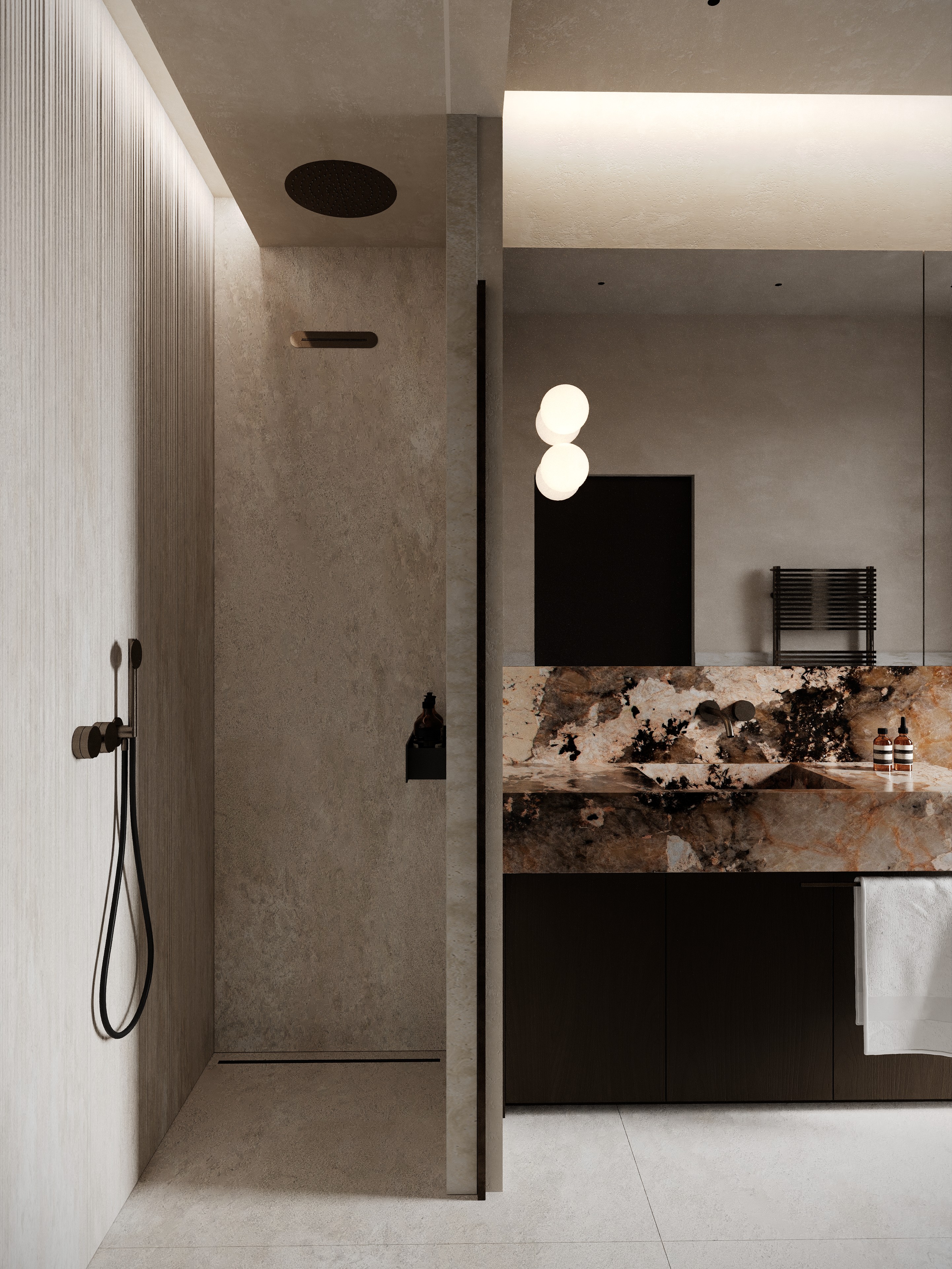 Bagno in marmo Patagonia con doccia walk-in e mobile lavabo